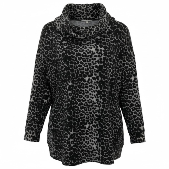 Soft Surroundings Sweaters - Soft Surroundings Zip Cowl Neck Sweater - Black and Gray Animal Print